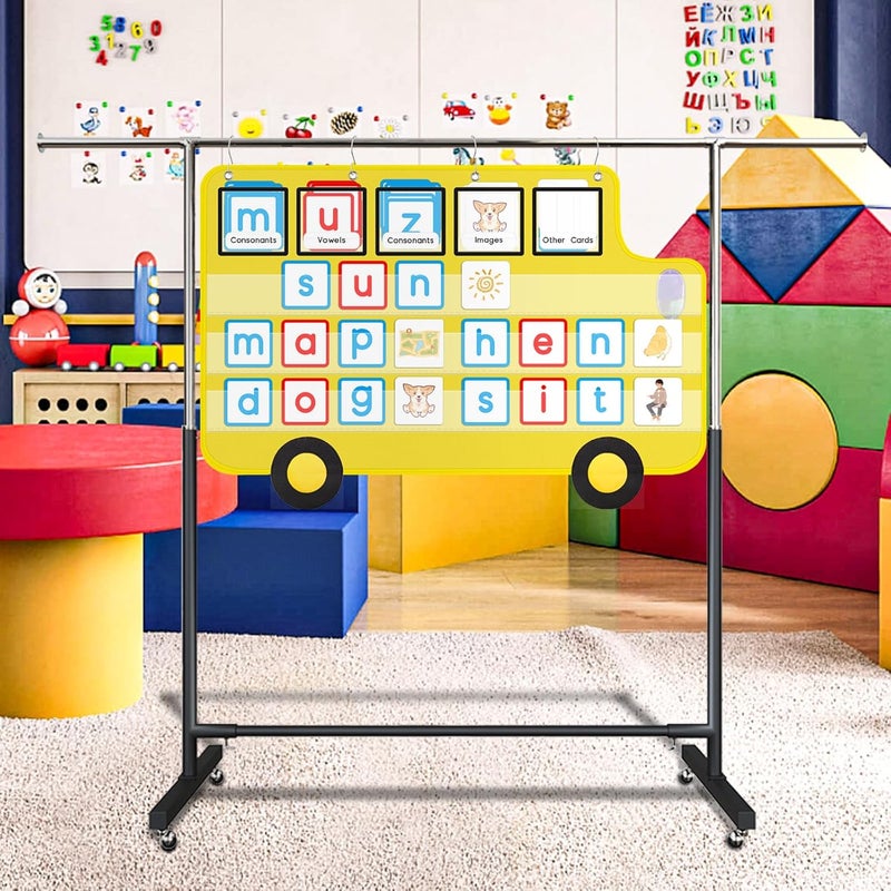ALSLEA Pocket Chart for Classroom, 33 ⅞ " x 22" Large School Bus Shaped Pocket Charts for Kids, Back to School Supplies, Classroom Decor Hanging Pocket Charts with 8 Sentence Strips Holder (Yellow) - Image 3